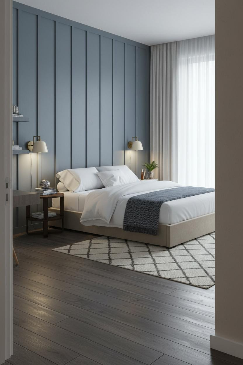 Studio Apartment Design Slate Blue Accent Wall Layout