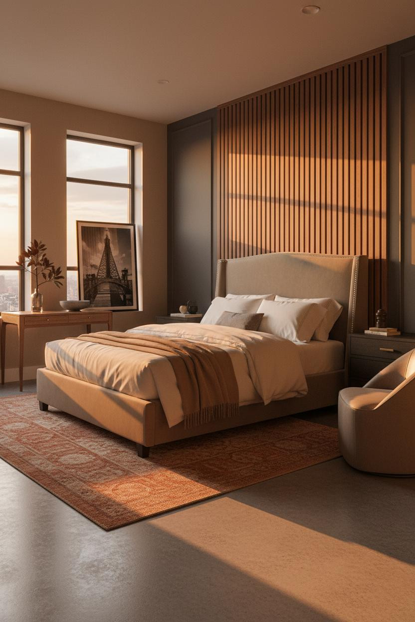 Studio Apartment Design Warm Walnut Slatted Walls