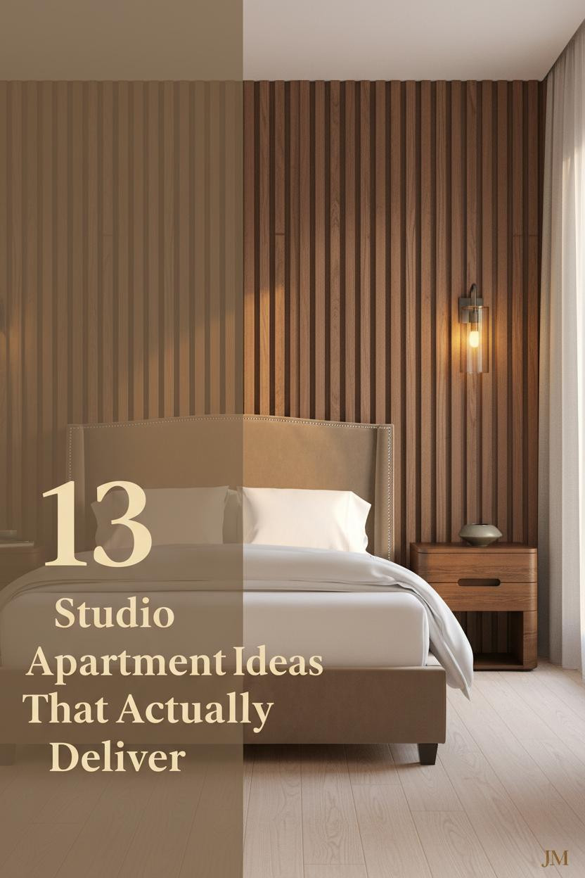 Studio apartment sleeping zone with walnut slat panel accent wall, ivory linen bedding, warm amber sconce, and birch flooring