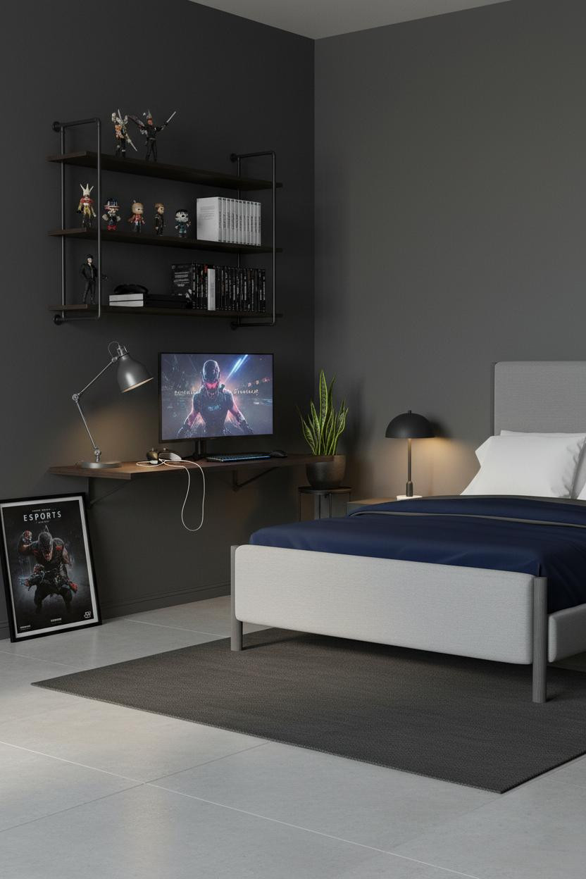 Teen Gaming Bedroom Industrial Shelving Desk