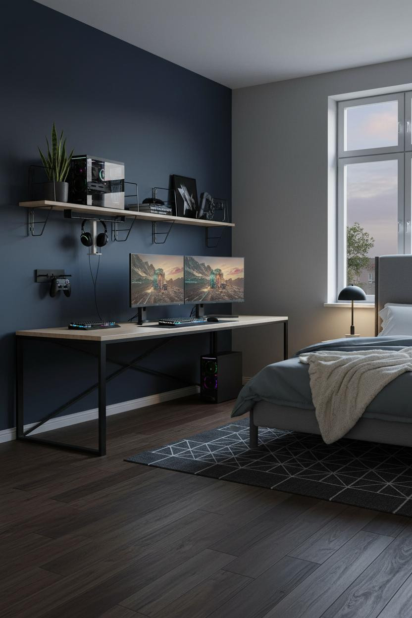 Teen Gaming Bedroom Loft Desk Navy Accent