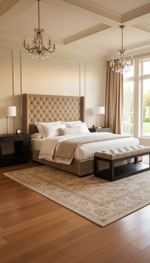 Neutral master bedroom with tufted taupe headboard, dual crystal chandeliers, dark wood floors, and white coffered ceiling