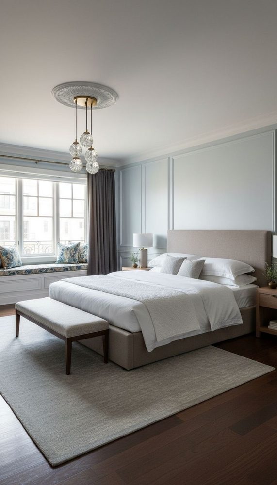 Light blue bedroom with upholstered grey bed, crystal pendant lights, white window seat