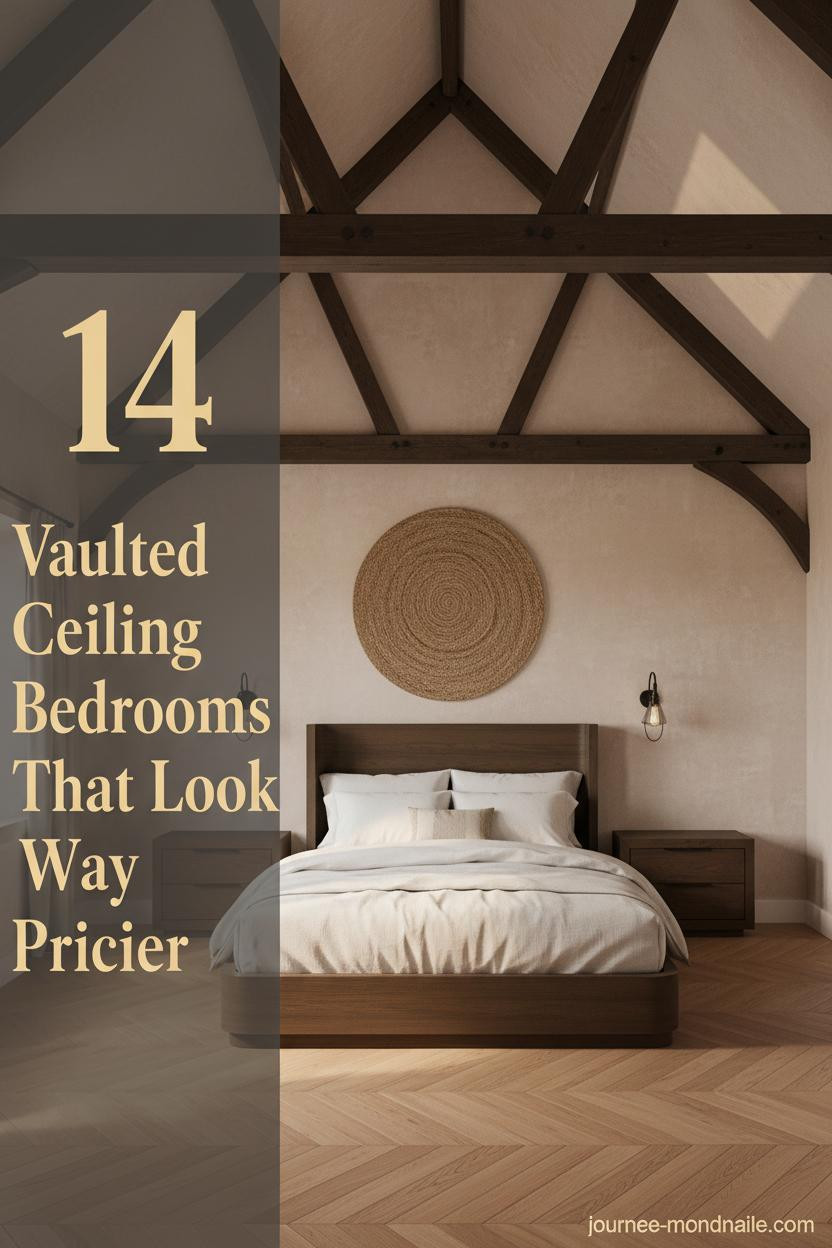 Cathedral vaulted bedroom with dark espresso timber trusses, raw plaster walls, herringbone oak floors, ivory linen bedding, and warm sconce lighting