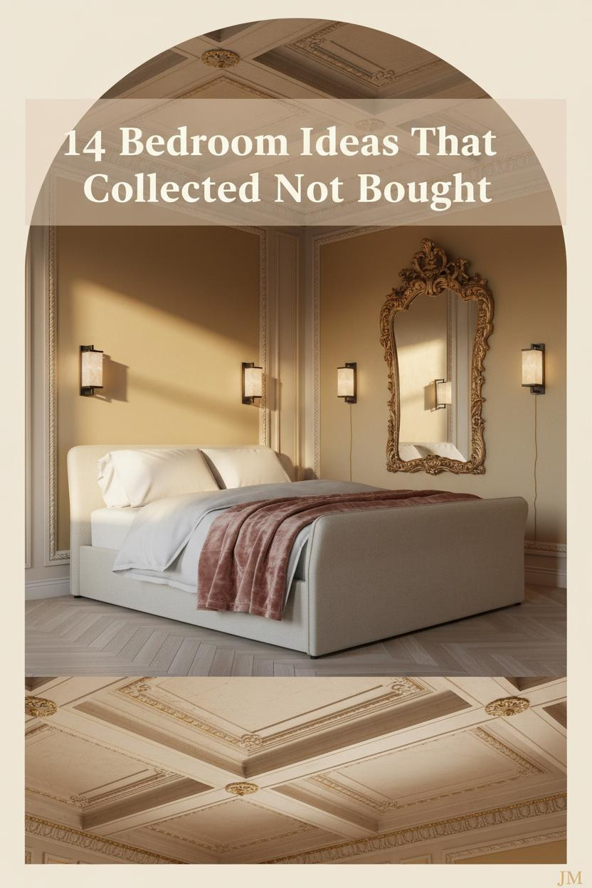 Vintage princess bedroom with ivory coffered ceiling, champagne gold walls, carved gilt mirror, brass sconces, and blush velvet bedding on herringbone parquet floors