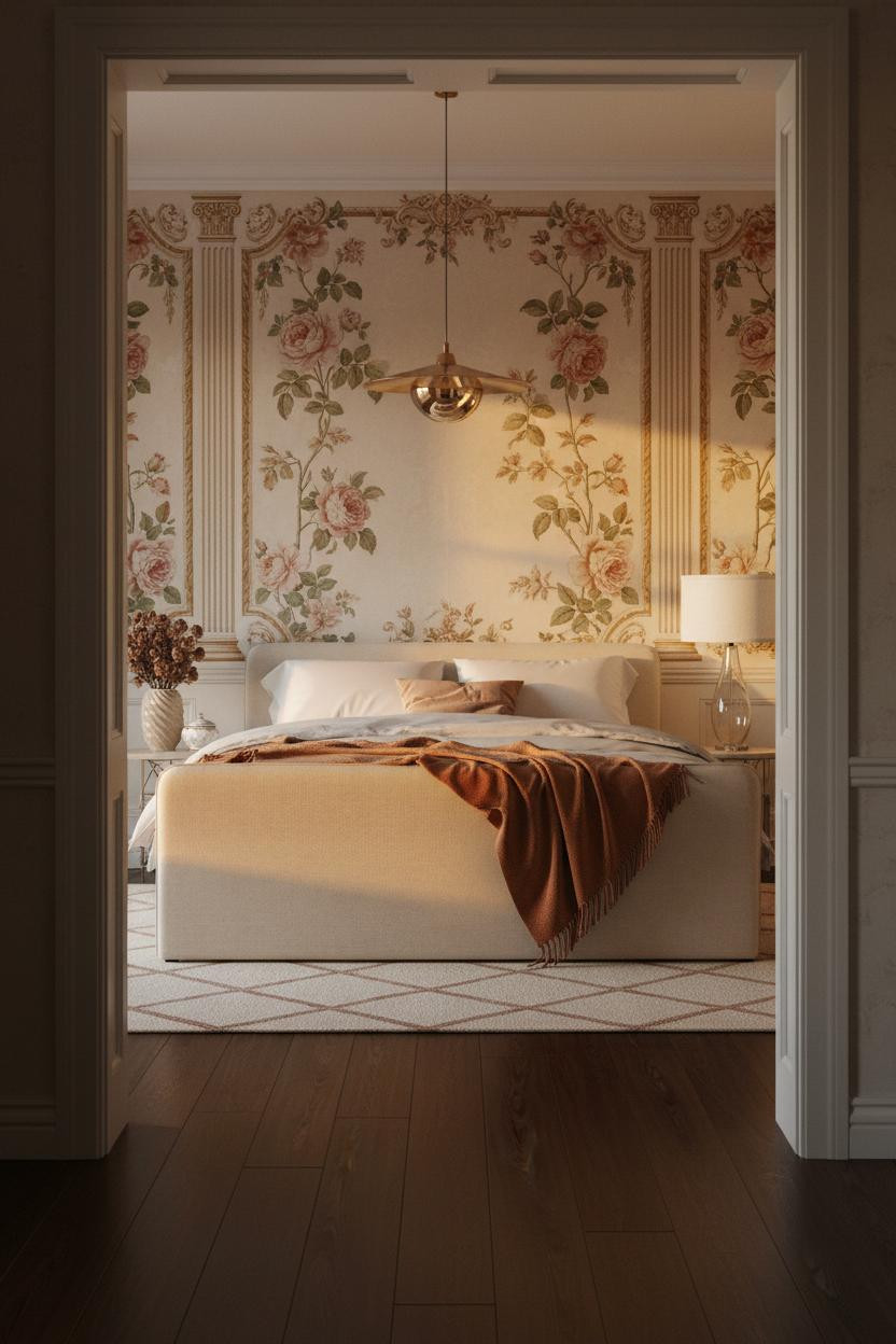 Vintage Princess Bedroom Ornate Wallpaper Golden Light