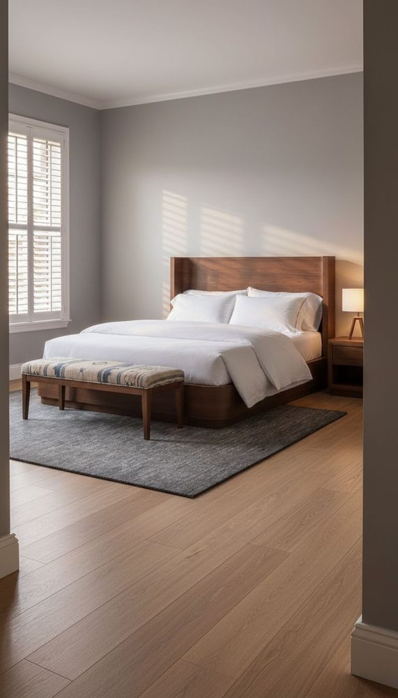 Modern bedroom with walnut platform bed, grey walls, striped bench and dark area rug