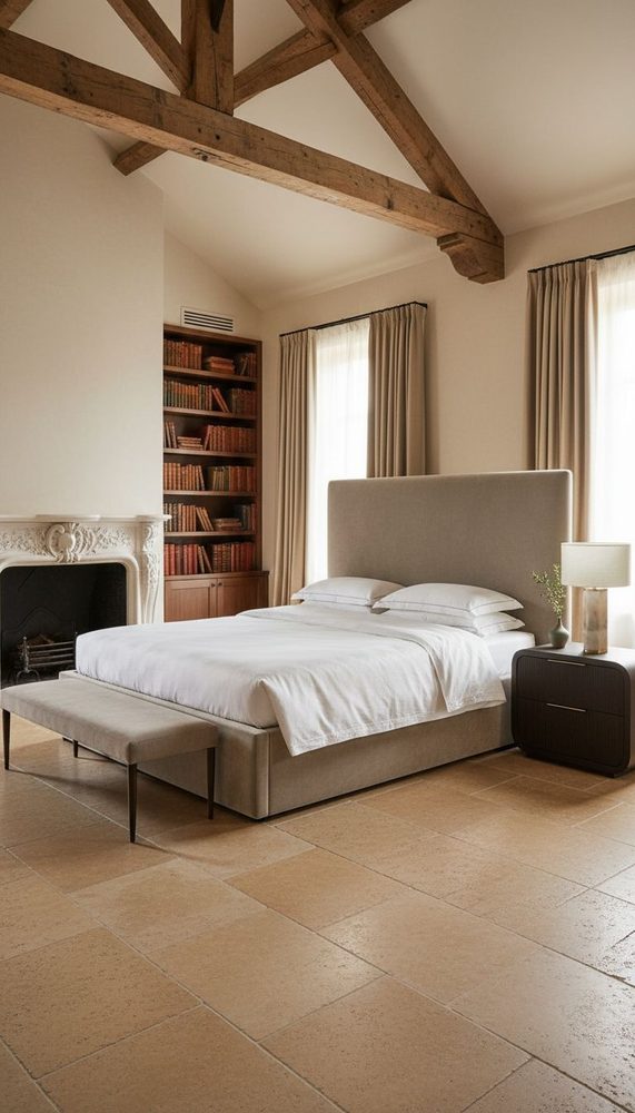Master bedroom with taupe upholstered bed, exposed wood beams, limestone floors, built-in bookshelf