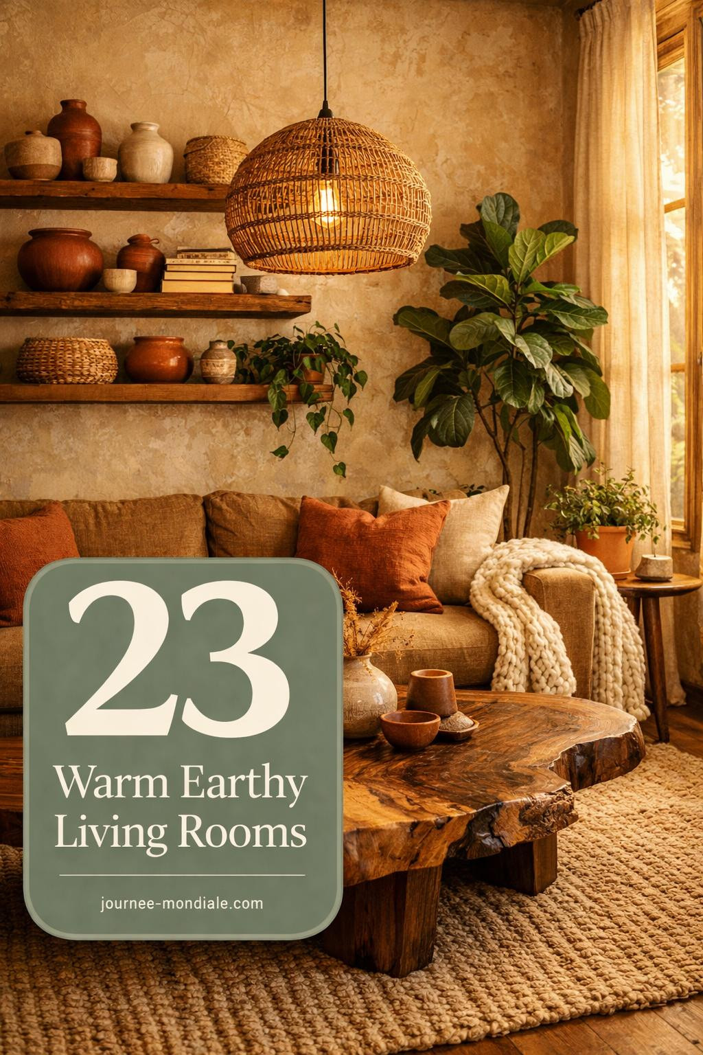 Organic modern living room featuring caramel linen sofa, live-edge walnut coffee table, textured plaster walls, jute rug, rattan pendant light, and terracotta accents in golden hour light