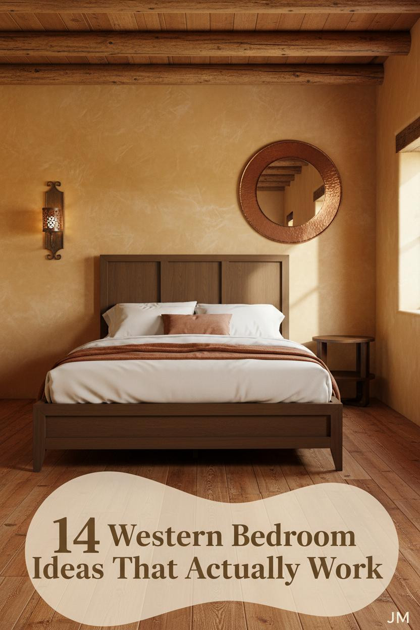 Western bedroom with honey-ochre adobe walls, solid wood bed, rust linen throw, hammered copper mirror, and warm wrought-iron sconce lighting