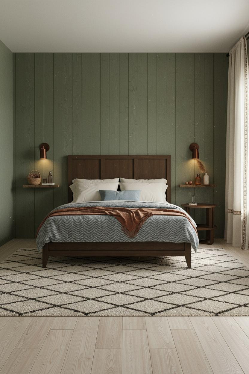 Western Bedroom Moss Green Shiplap Boho Style