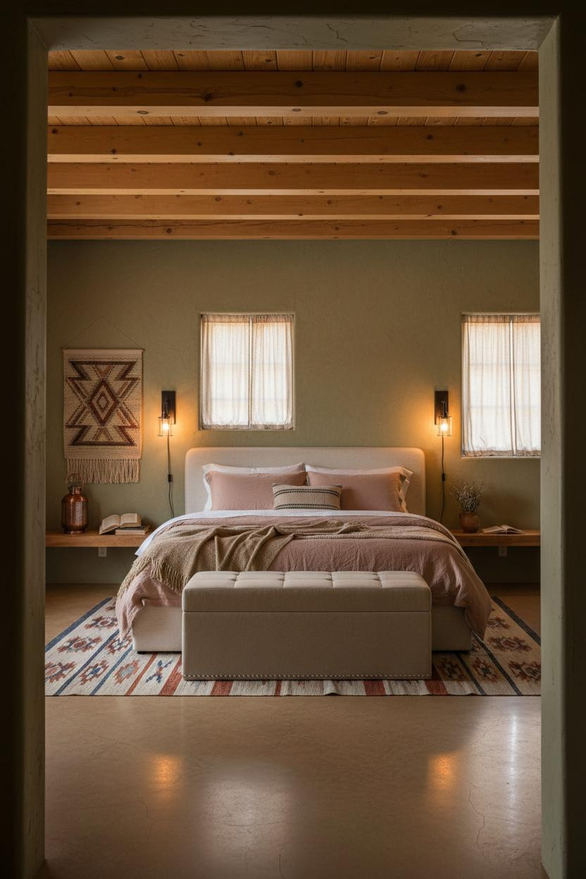 Western Bedroom Sage Plaster Wooden Beams Decor