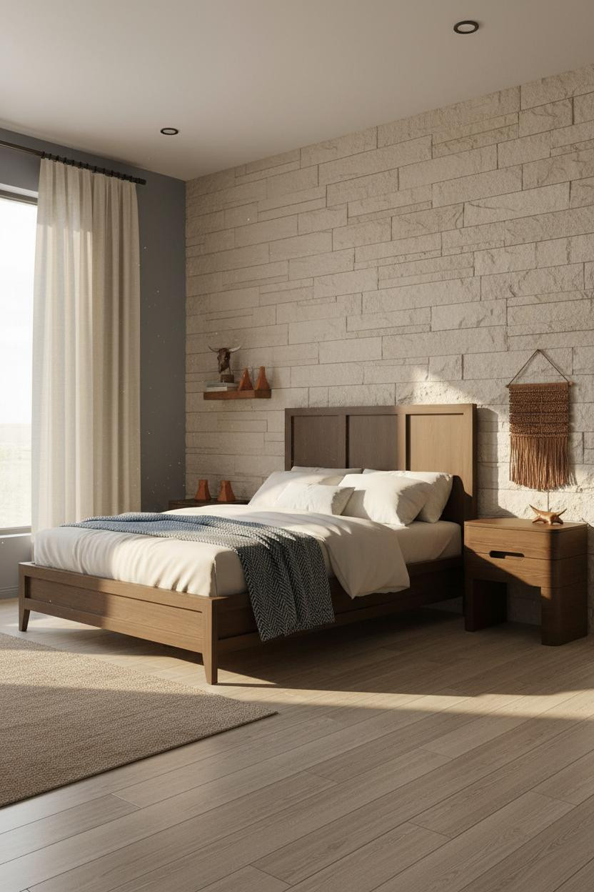 Western Bedroom Stone Accent Wall Ranch Boho Style
