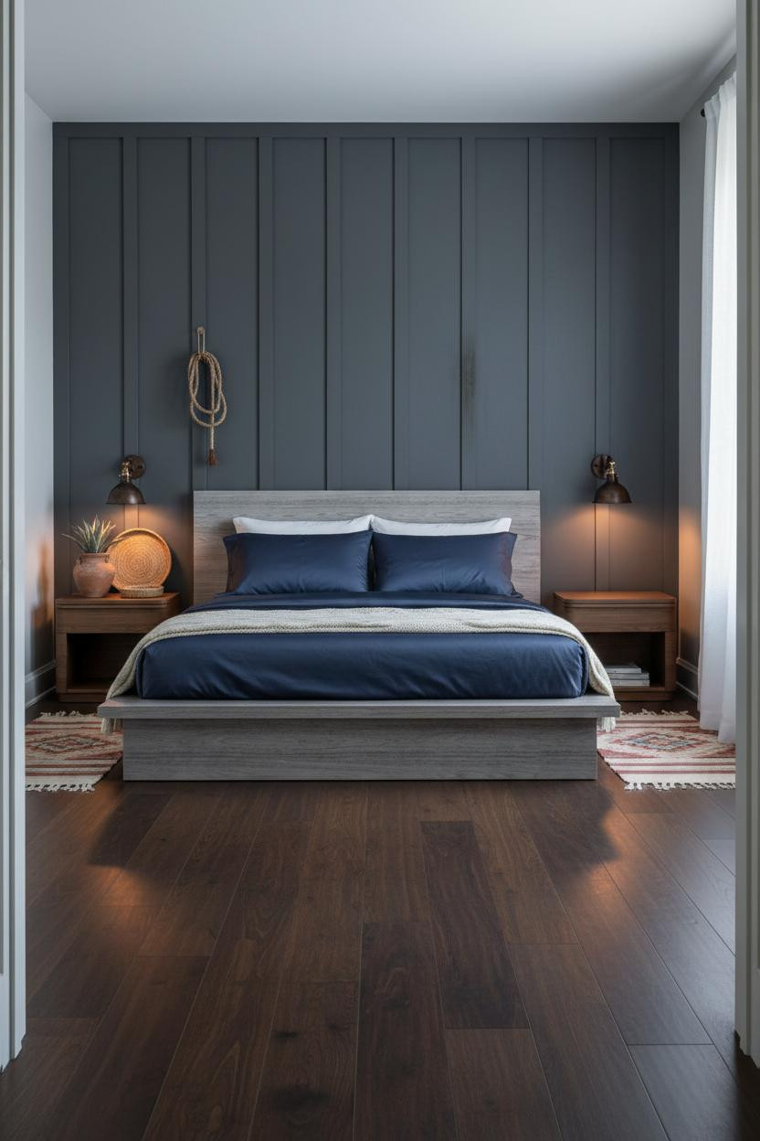 Western Farmhouse Bedroom Charcoal Board And Batten Accent Wall Design