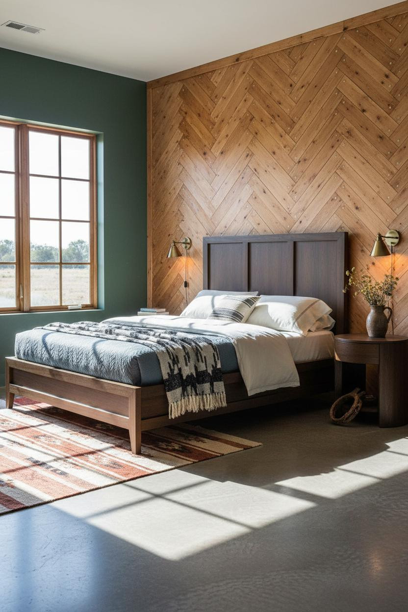 Western Farmhouse Bedroom Herringbone Headwall Chic Design