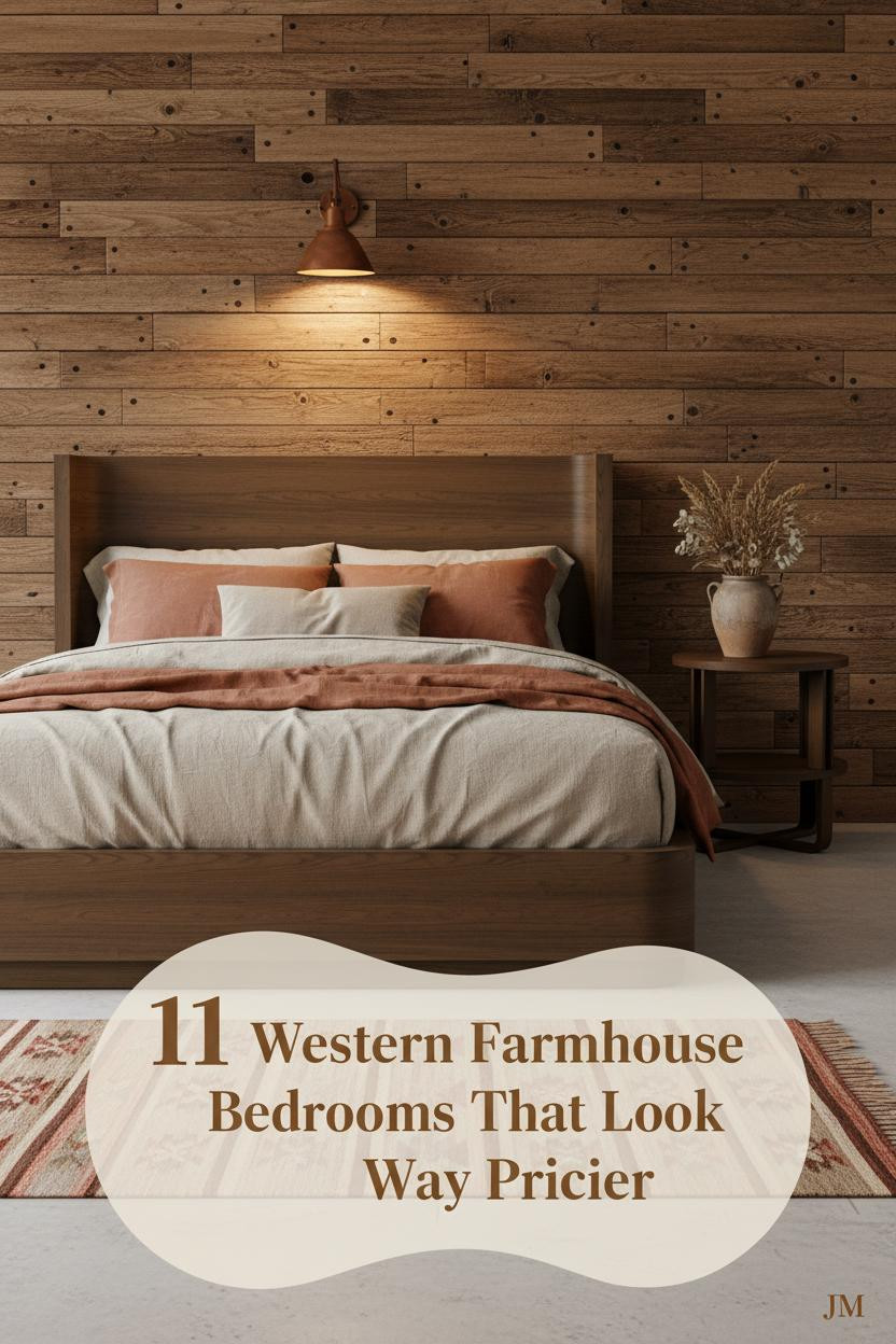 Western farmhouse bedroom with reclaimed timber headboard wall, layered rust and oatmeal linen bedding, kilim runner, and amber iron wall sconce lighting