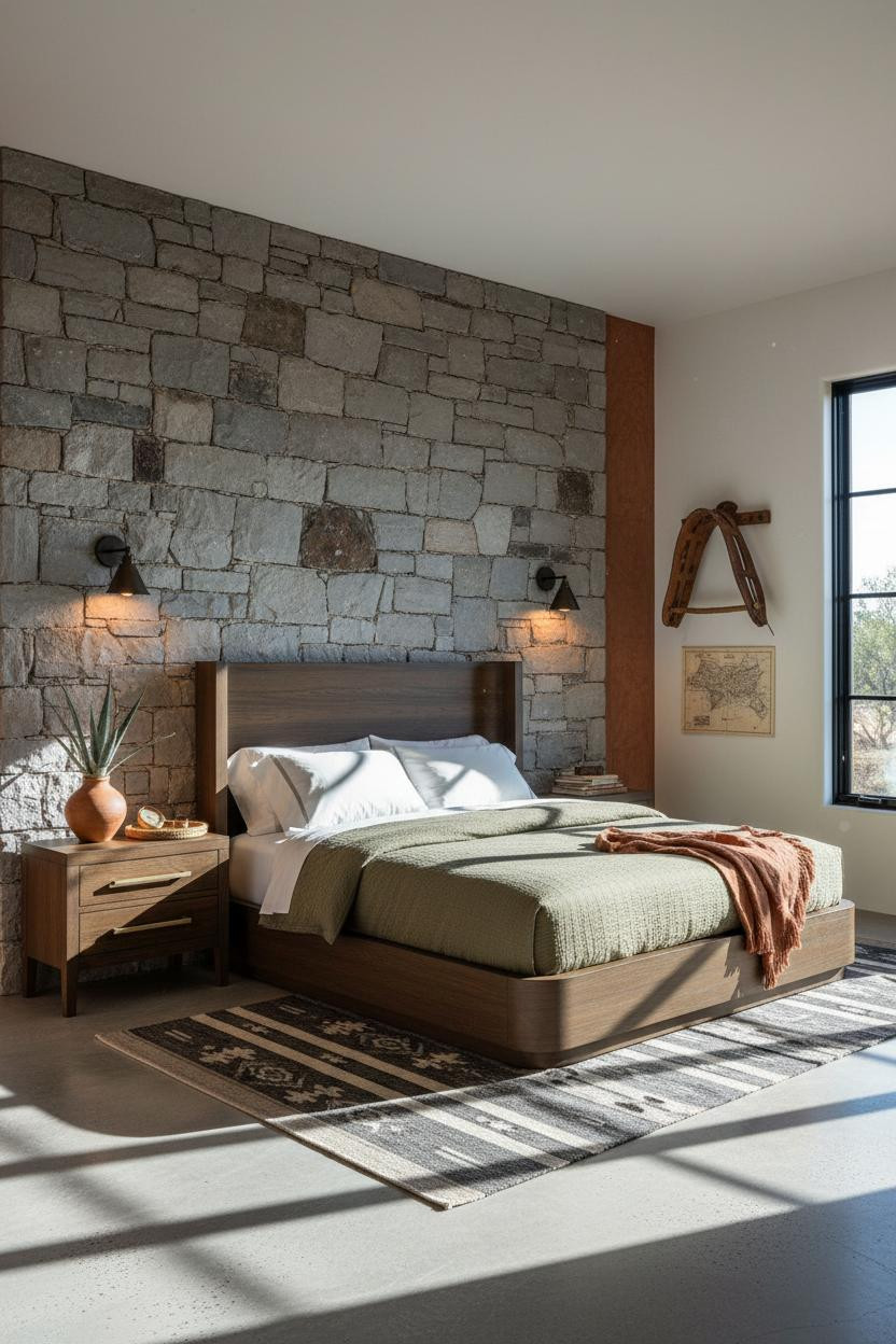 Western Farmhouse Bedroom Stone Accent Wall Design