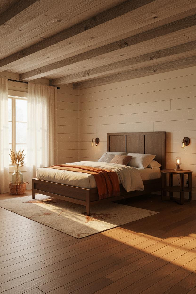 Western Farmhouse Bedroom Rustic Exposed Wood Beams Cream Shiplap