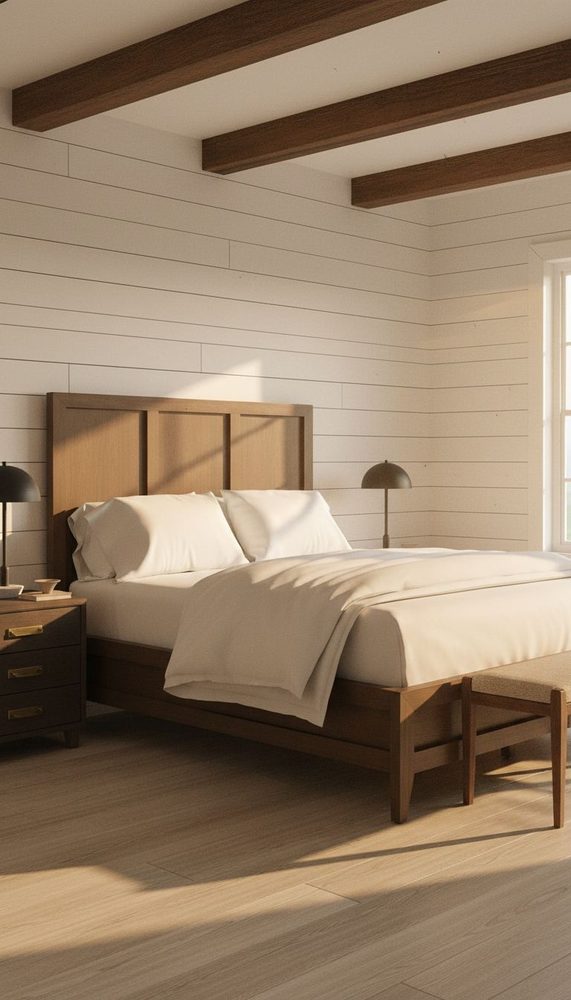 Bedroom with white shiplap walls, exposed walnut ceiling beams, wood bed frame and neutral bedding