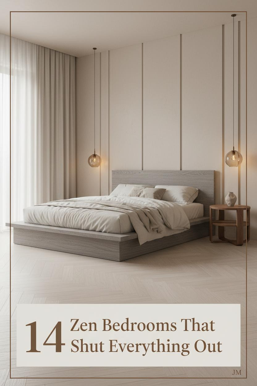 Minimalist zen bedroom with sand plaster walls, birch herringbone floors, cream linen bedding, walnut nightstand, and warm amber sconces