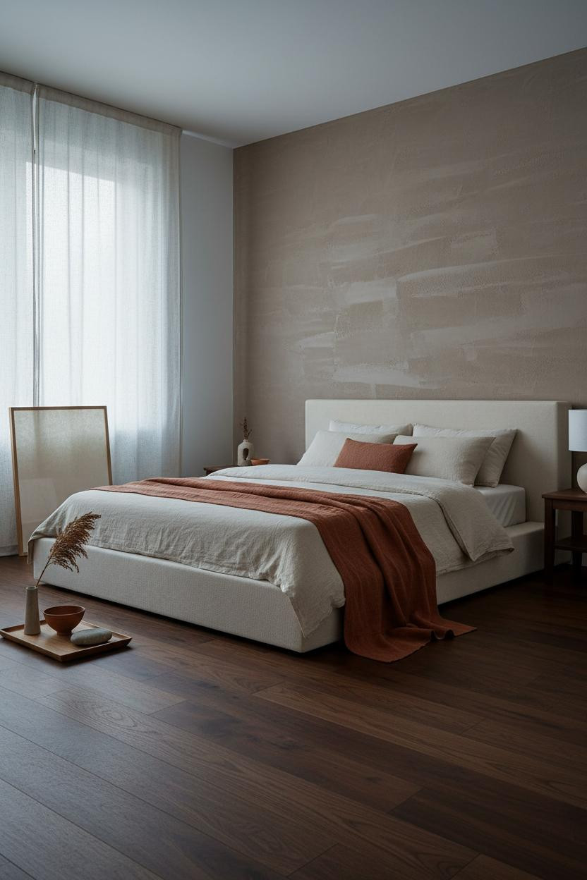 Zen Bedroom Wabi Sabi Plaster Wall Natural Light