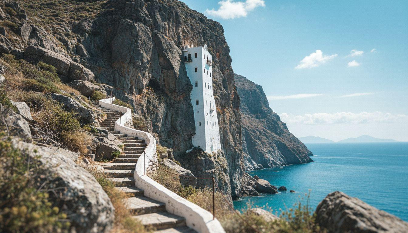 This Greek monastery hangs 300 meters on a cliff where 1,961 residents keep Big Blue quiet