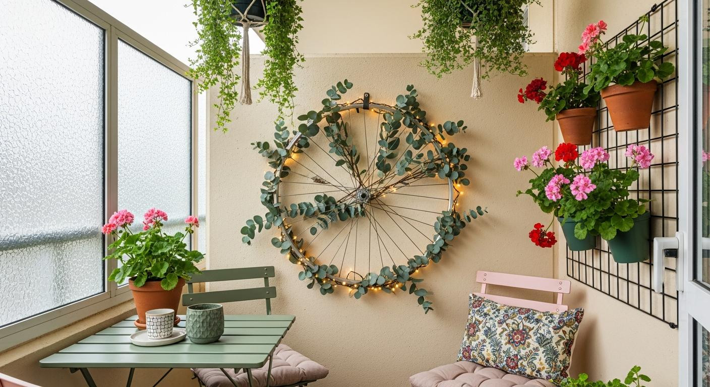 I turned my concrete balcony into a plant oasis for 8 (the bike wheel trick took 40 minutes)