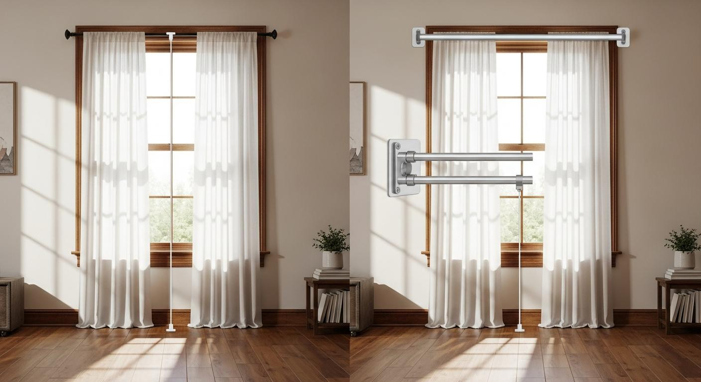 The no-drill curtain matrix that matches tension rods to 48-inch windows and magnetic rods to steel frames