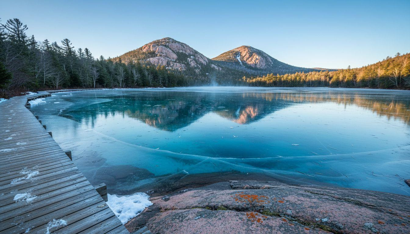 This Maine pond freezes turquoise where twin peaks mirror through April ice