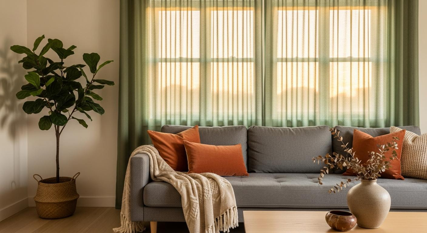 I tried sage curtains instead of white and my gray sofa finally looks warm at 6pm