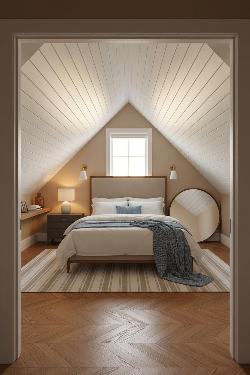 Attic Bedroom Angled Ceiling Modern Farmhouse