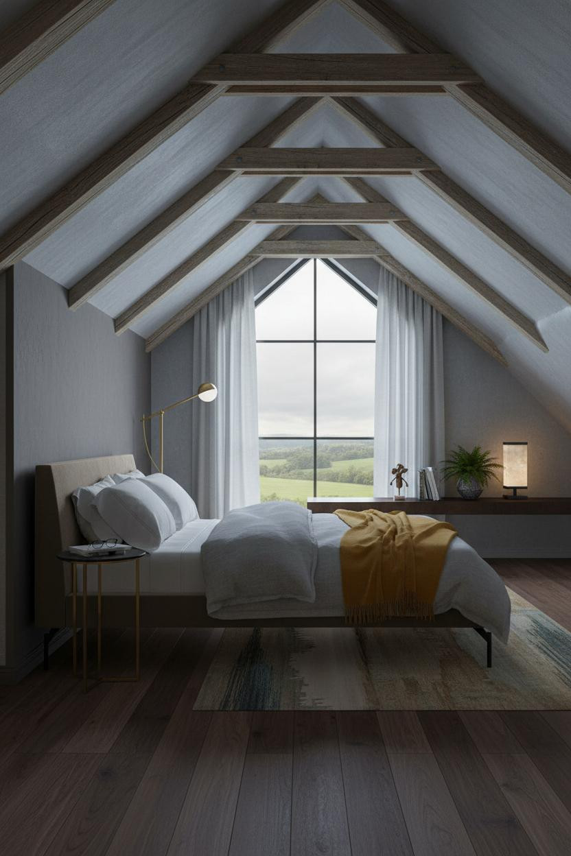 Attic Bedroom Angled Roof Exposed Beams