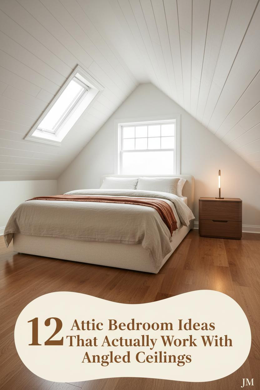 Attic bedroom with white board-and-batten sloped ceiling, dormer window, oatmeal linen duvet, rust throw, and walnut nightstand on warm hardwood floor