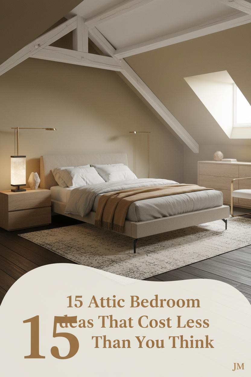 Low-pitch attic bedroom with whitewashed timber beams, khaki plaster walls, stone linen bedding, camel wool throw, and warm dormer daylight