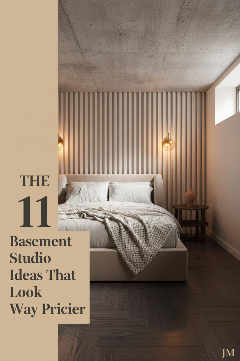 Compact basement studio with pale birch slat wall, dark walnut herringbone floor, oatmeal linen bedding, brass wall sconces, and terracotta ceramic accent