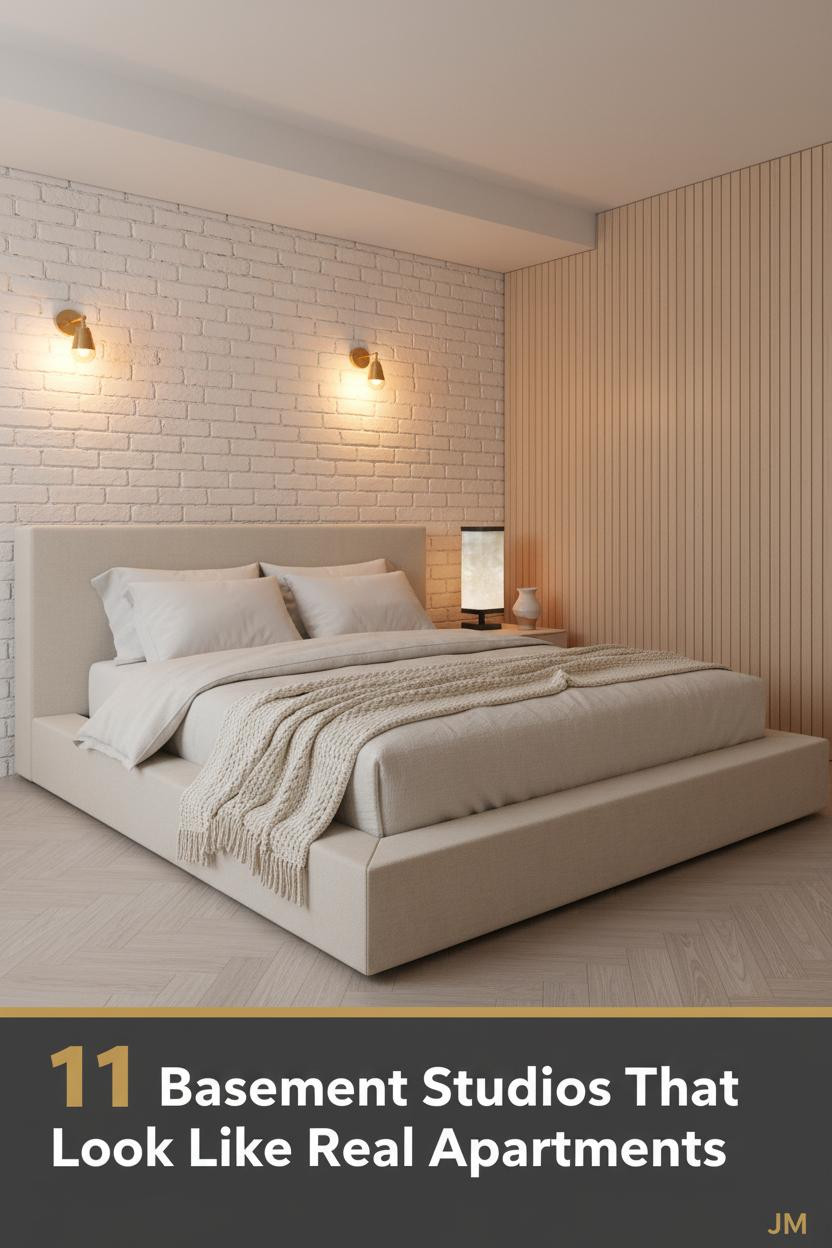 Basement studio apartment with whitewashed brick wall, warm brass sconces, pale herringbone floors, oatmeal linen bedding and chunky wool throw