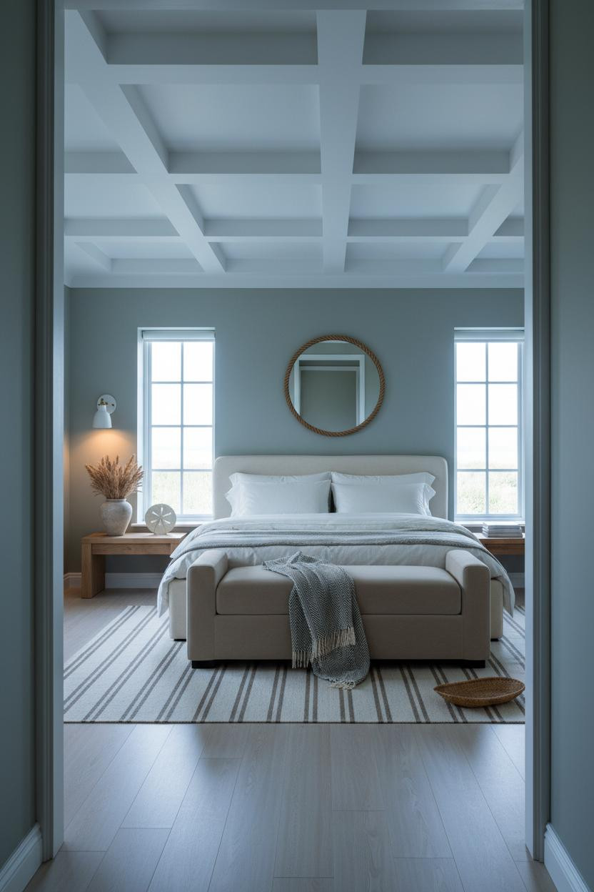 Beach House Bedroom Coffered Ceiling Coastal