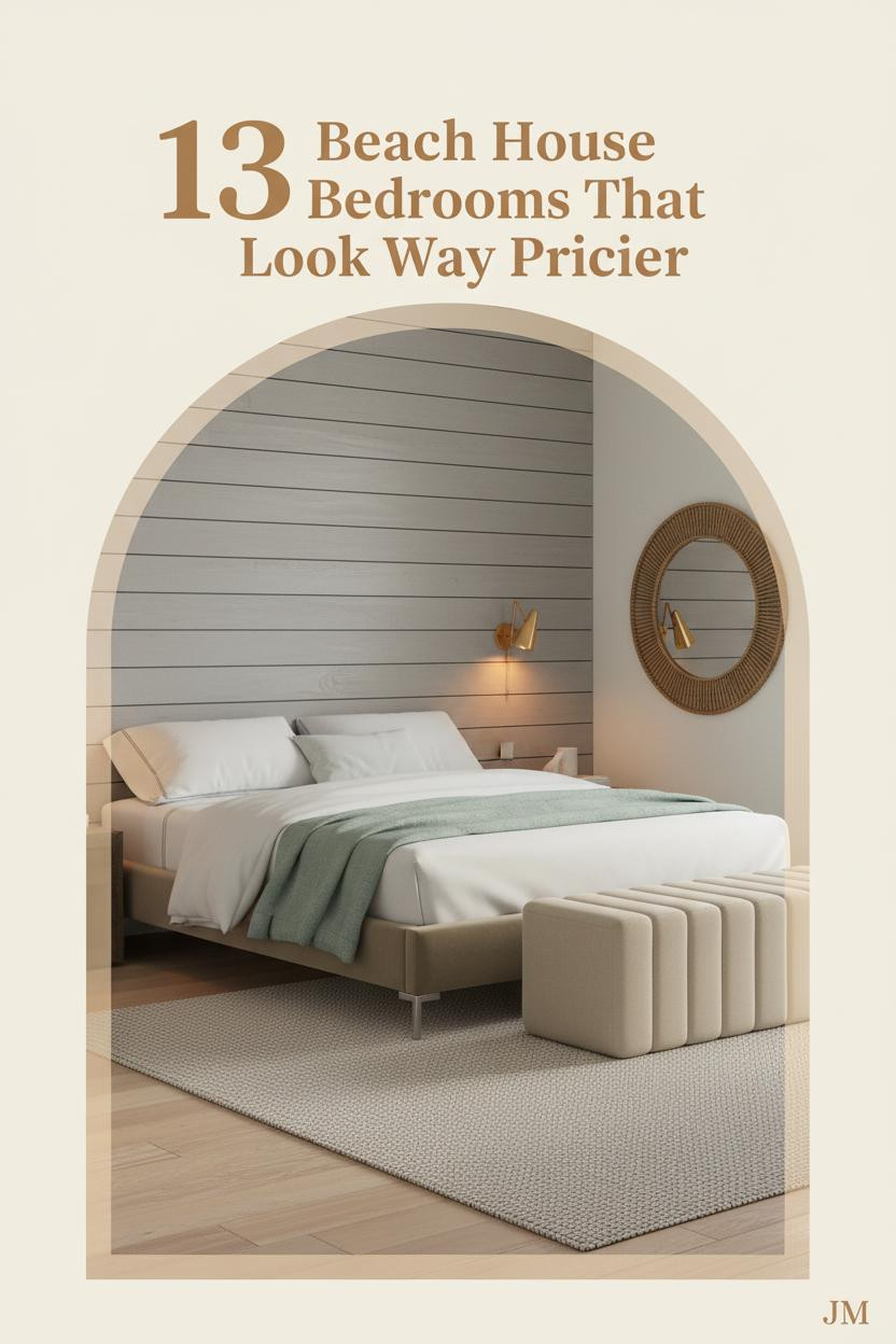 Coastal beach house bedroom with driftwood grey batten wall, bleached oak floors, oatmeal bedding, seafoam linen throw, and warm sconce lighting