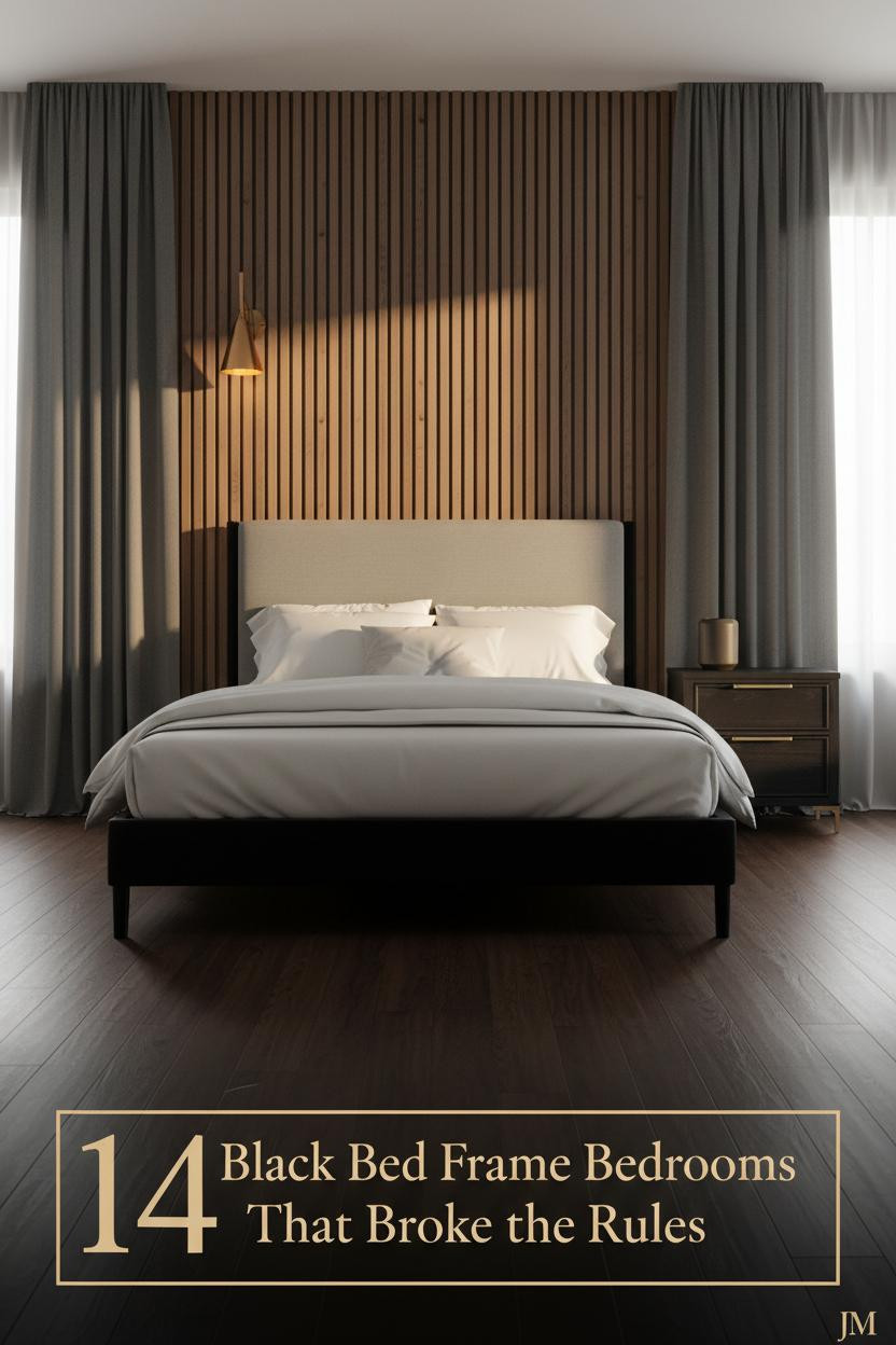 Black bed frame bedroom with espresso slatted accent wall, ivory percale bedding, amber sconce lighting, dark walnut floors, and charcoal linen curtains