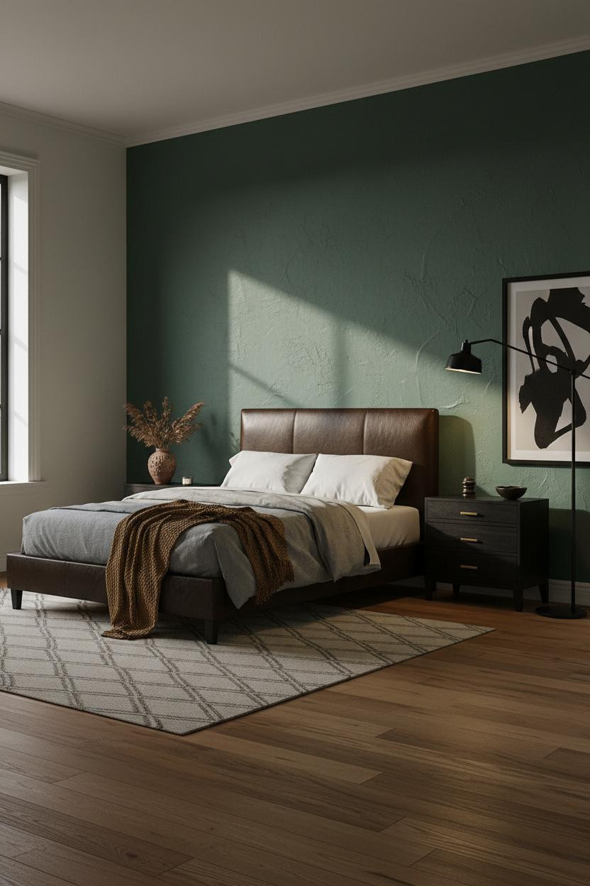 Black Bedframe Bedroom Forest Green Accent Wall