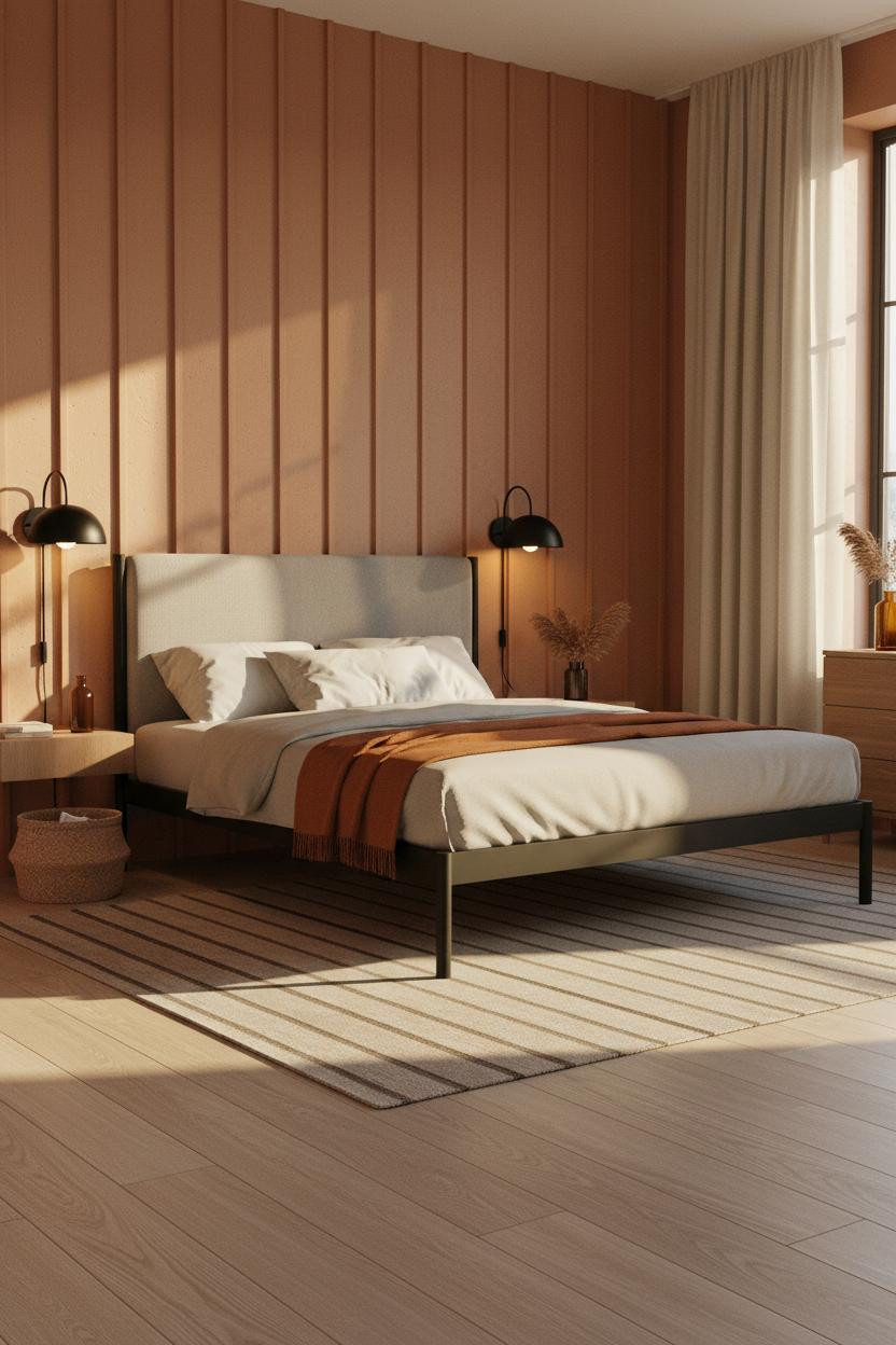 Black Bedframe Bedroom Terracotta Amber Lighting