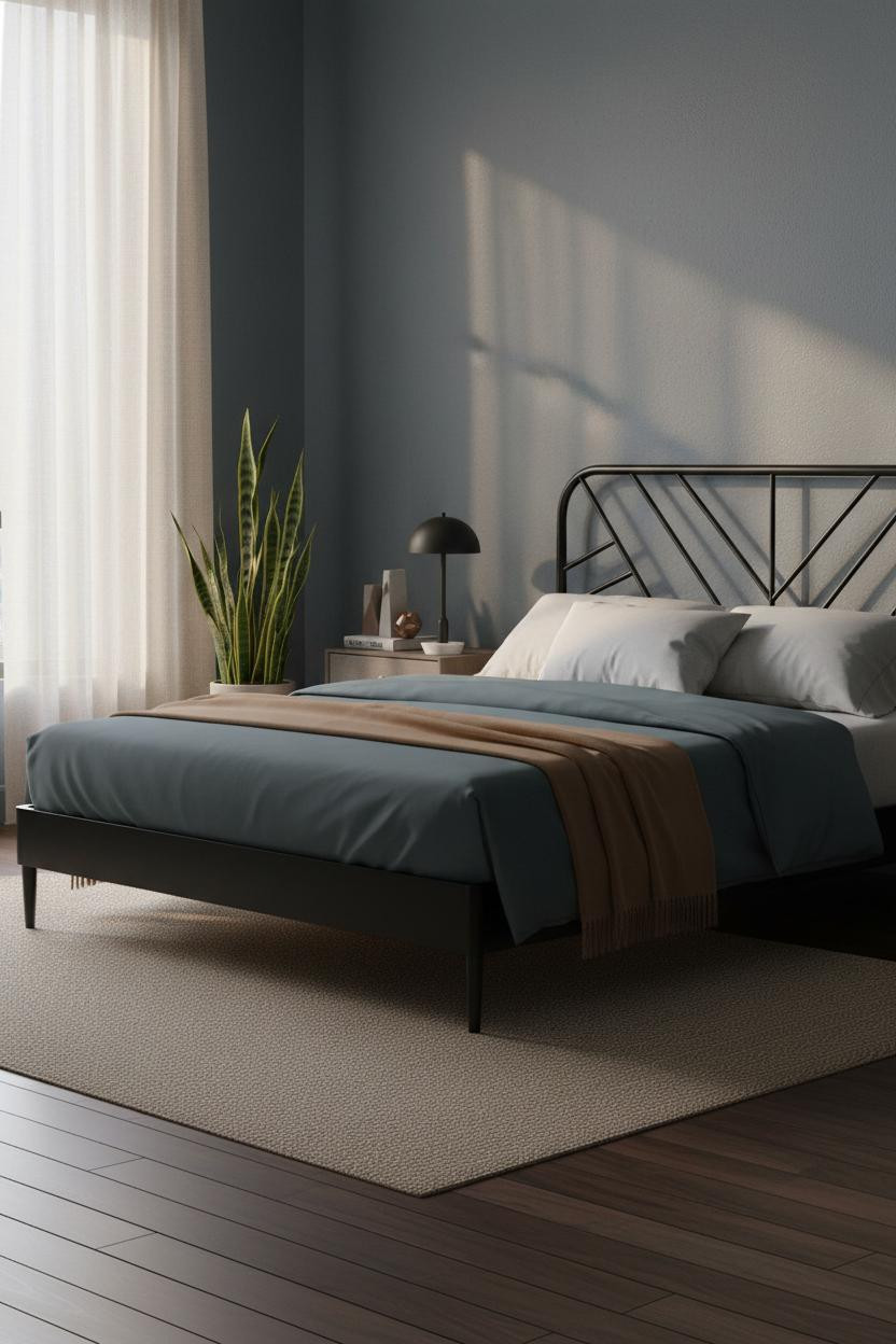 Black Bedframe Japandi Bedroom Slate Walls