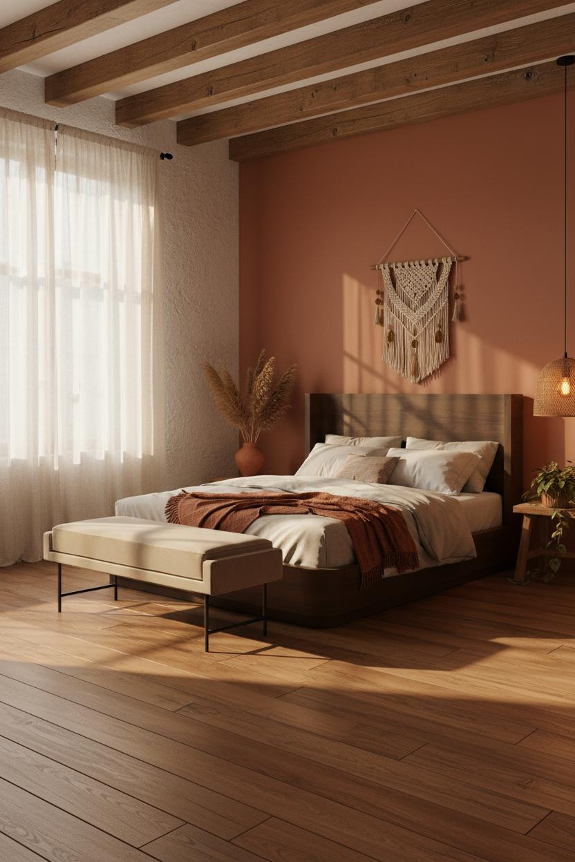 Boho Chic Bedroom Exposed Beams Warm Wood Terracotta Accents