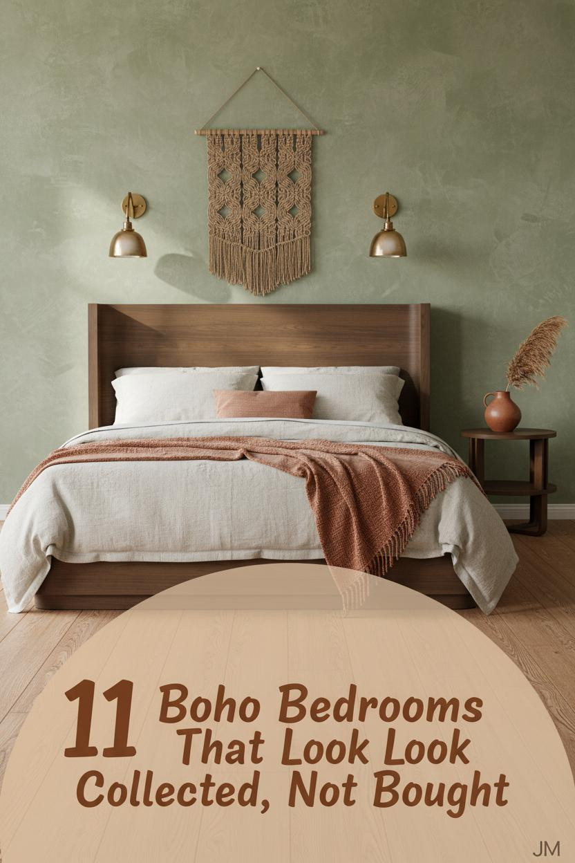 Boho chic bedroom with sage limewash accent wall, honey oak floors, brass sconces, jute wall hanging, and layered oatmeal linen bedding