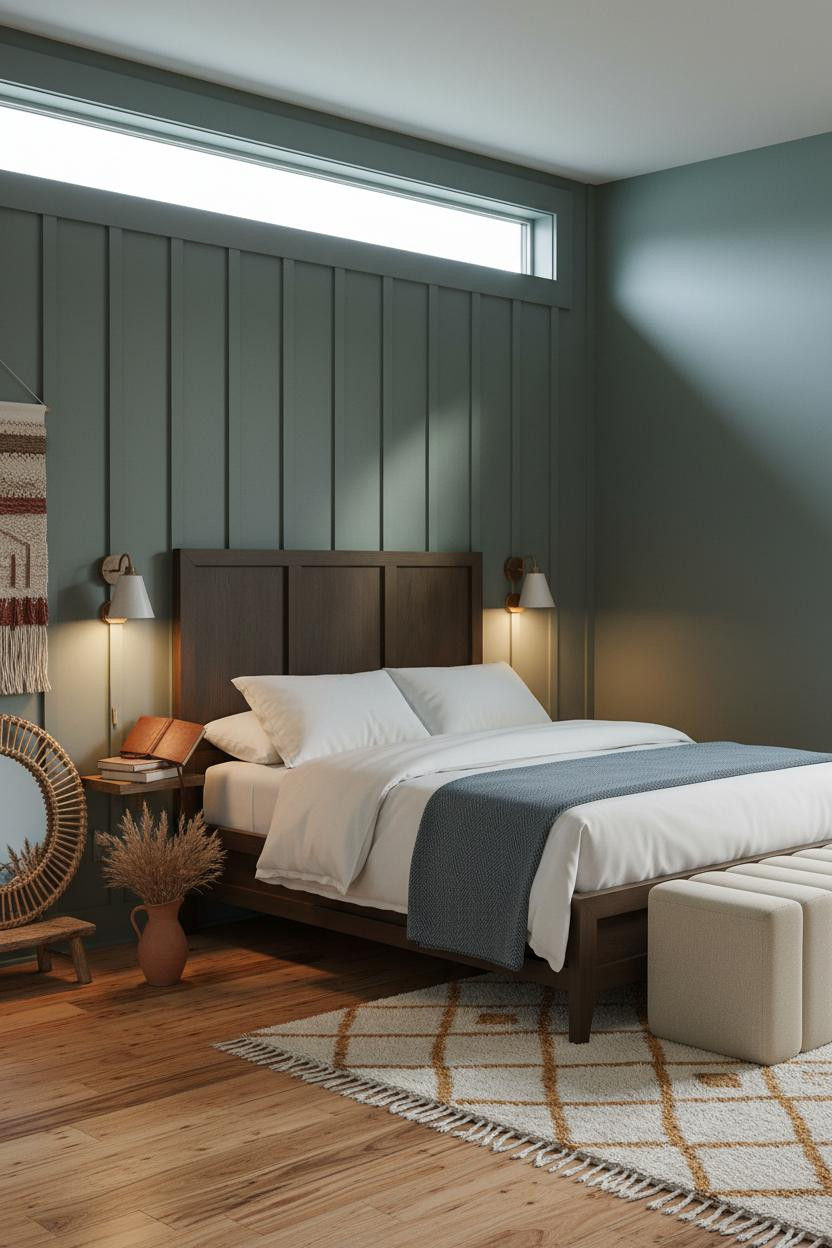 Boho Chic Bedroom Olive Board and Batten Walls