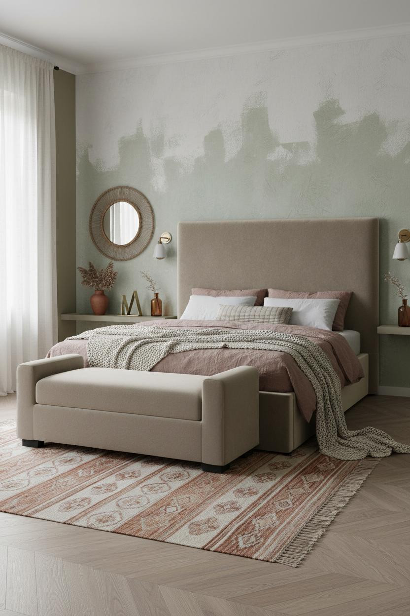 Boho Chic Bedroom Sage Green Accent Wall Layered Textiles