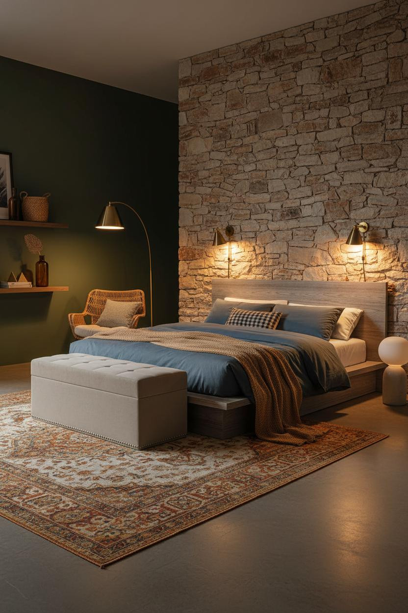 Boho Chic Bedroom Stone Accent Wall Brass Lighting