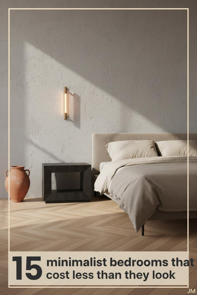 Low platform bed in oatmeal percale against stone grey plaster wall, honey herringbone parquet floor, terracotta vessel, warm sconce lighting