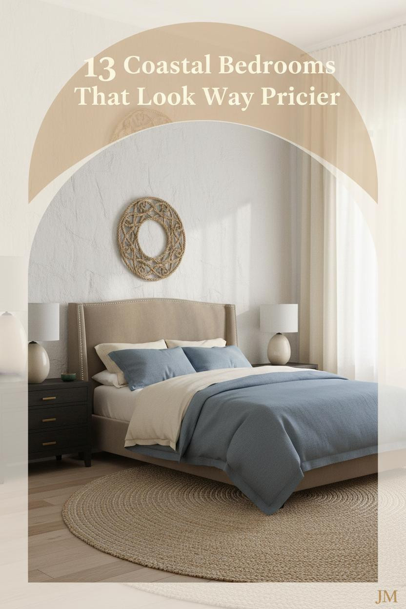 Coastal bedroom with chalk-white limewash walls, sheer ivory linen curtains, bleached oak floors, dusty blue bedding, and a rope wall hanging accent