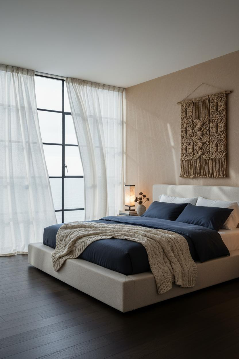 Coastal Bedroom Japandi Navy Bedding Windows